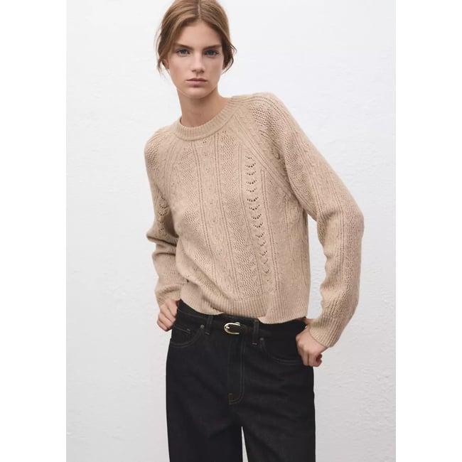 Pull en maille ajourée marron moyen <span itemprop=