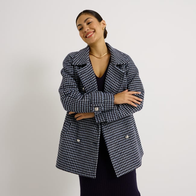 Manteau imprimé pied-de-poule bleu marine <span itemprop=