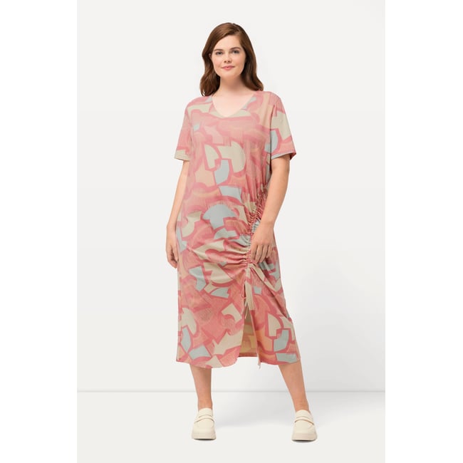 Robe maxi, ruban à froncer, col V vieux rose tendre <span itemprop=
