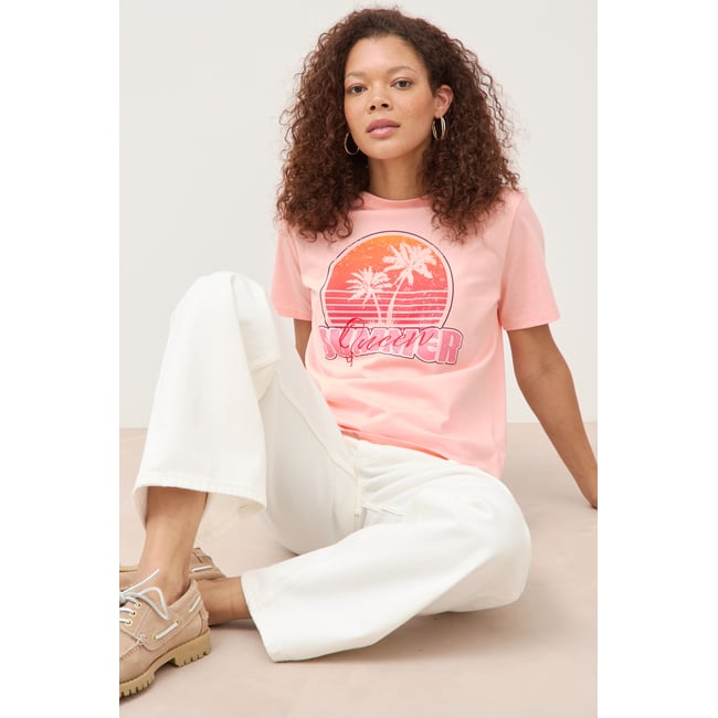 T-shirt droit col rond manches courtes rose saumon <span itemprop=