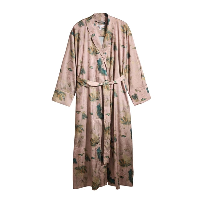 Robe de chambre en satin jacquard floral rose clair <span itemprop=