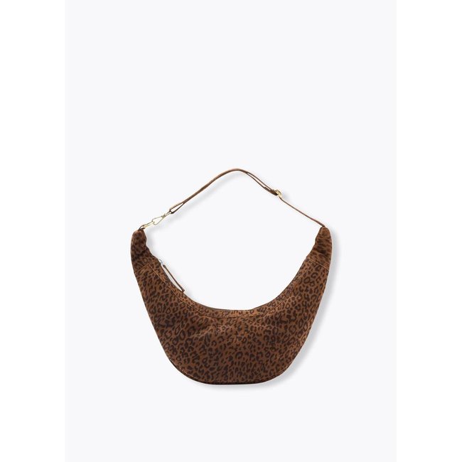 Sac croissant léopard en cuir imprimé camel <span itemprop=