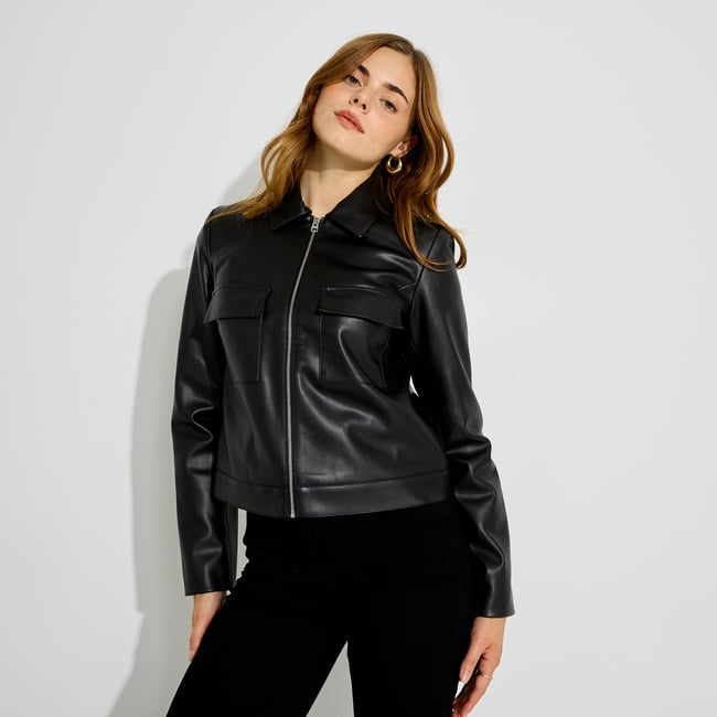 Veste mi-saison col chemise noir <span itemprop=