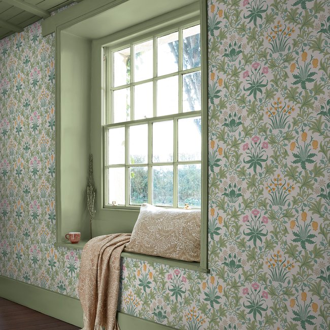 Papier peint fleuri Celandine Spring Garden Couleur vert, rose, jaune <span itemprop=