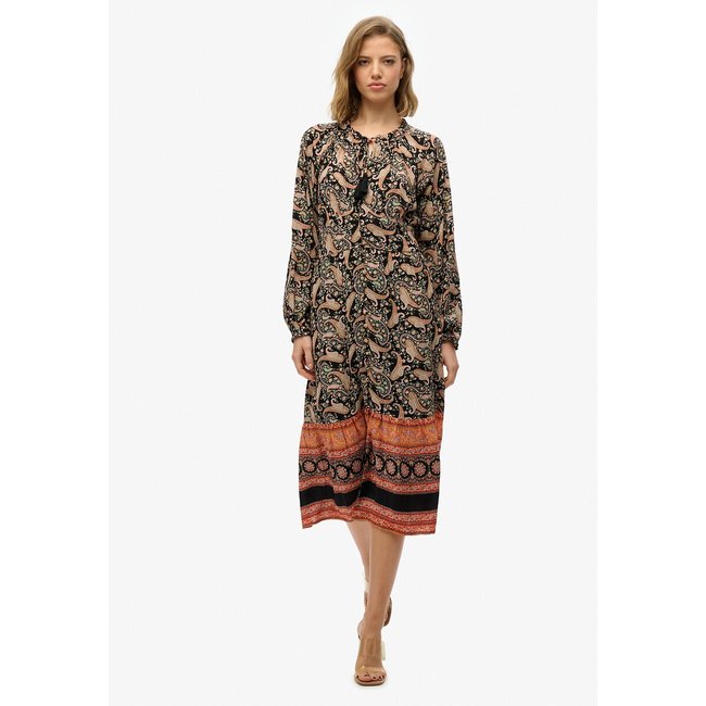 Bedrucktes halblanges Kleid mit langen Ärmeln bedruckt, kaschmir <span itemprop=