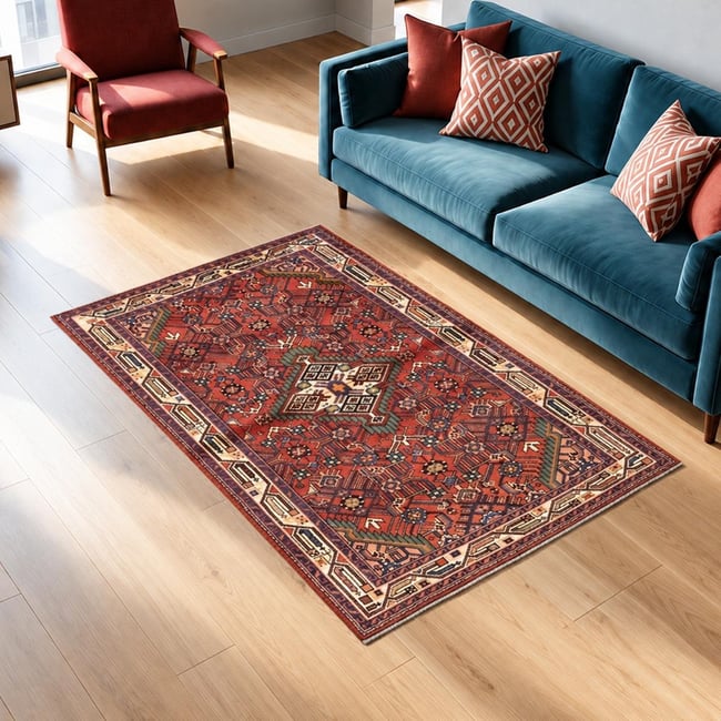 Tapis d'orient au motif oriental, noué à la main, HAMADAN 7 Couleur rouge, beige, bleu <span itemprop=
