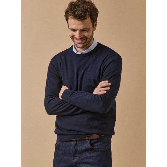 Pull fin col rond laine mérinos encre <span itemprop=