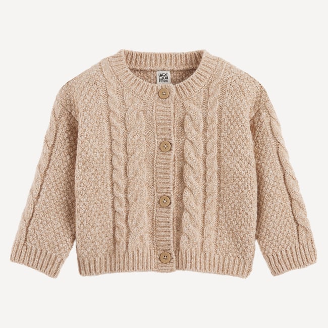 Gilet col rond, boutonné, en grosse maille torsadée ecru <span itemprop=