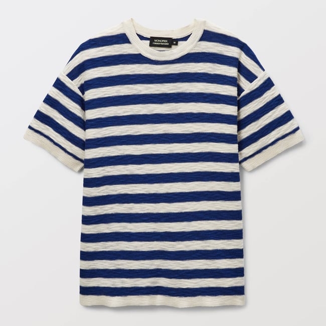 Tshirt rayé manches courtes rayé en maille en coton dusty blue <span itemprop=