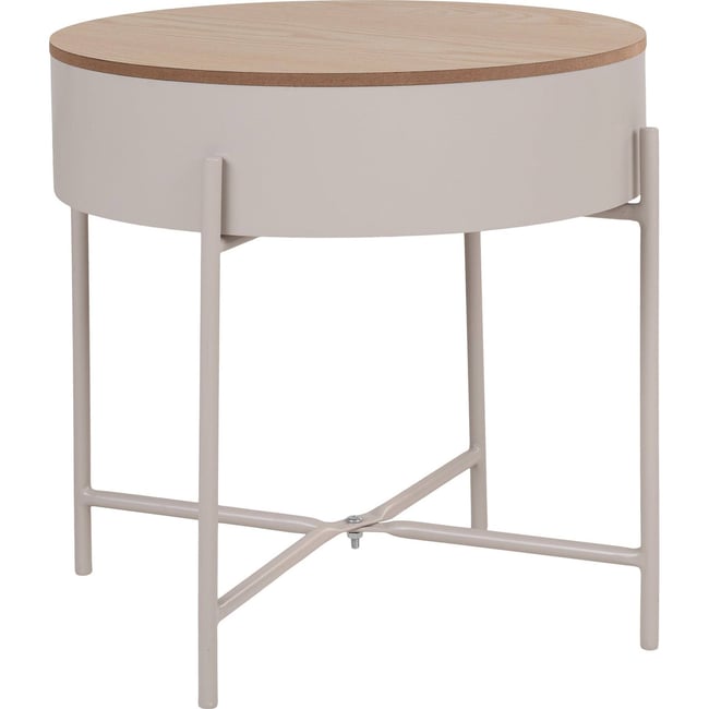 Table basse ronde métal avec rangement Couleur beige clair et chêne <span itemprop=