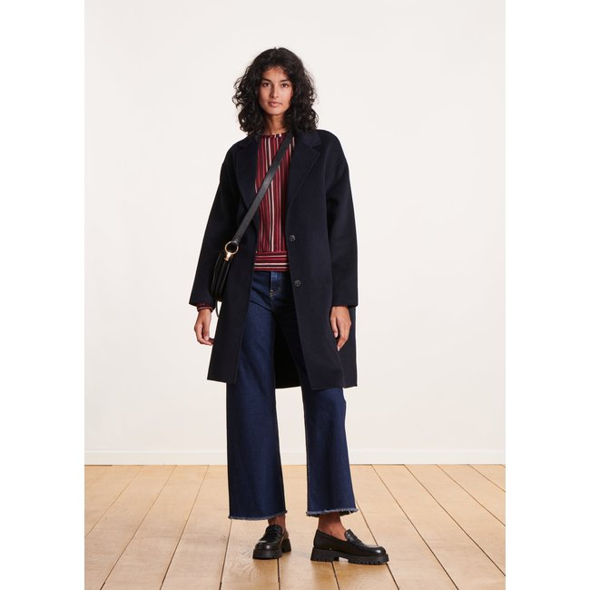 Manteau mi-long en lainage bleu foncé <span itemprop=