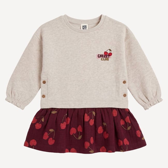 2-in-1-Kleid aus Fleece und Baumwollgaze ecru+bedruckt <span itemprop=
