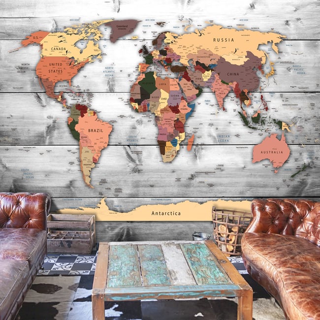 Papier peint intissé panoramique Carte du monde Direction: World Couleur gris / argent <span itemprop=