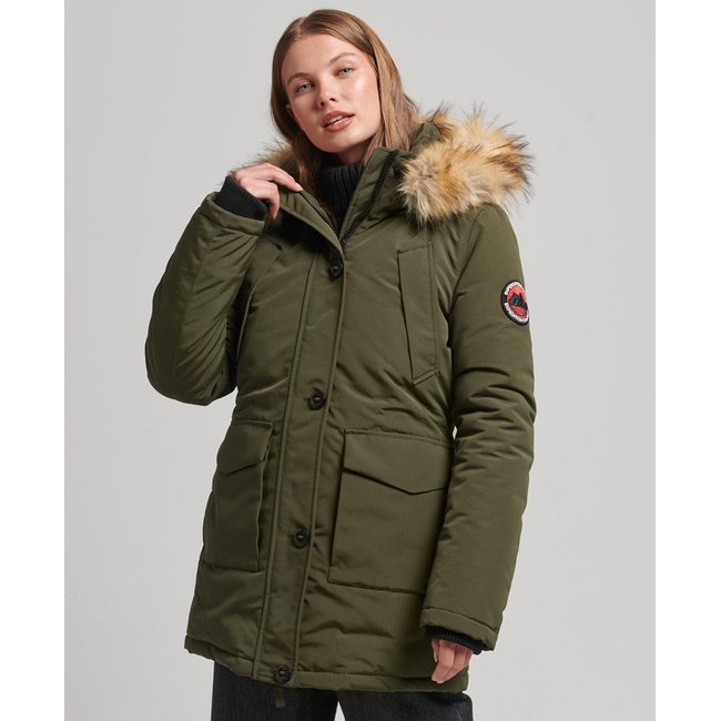 Parka à capuche imitation fourrure mi longue kaki <span itemprop=