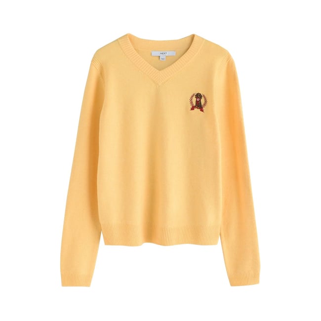 Pull ultra-doux à manches longues et col v chien jaune brodé <span itemprop=