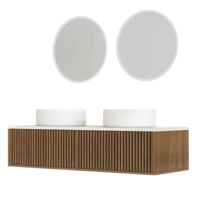 Meuble de salle de bain suspendu avec façade crantée, vasque(s) ronde(s) et miroir(s) LED Couleur naturel <span itemprop=