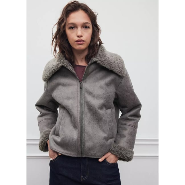 Manteau oversize imitation mouton retourné gris <span itemprop=