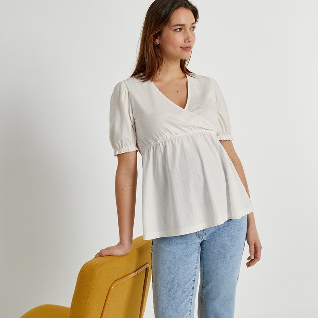 T-shirt de grossesse, en maille jersey brodée ivoire <span itemprop=