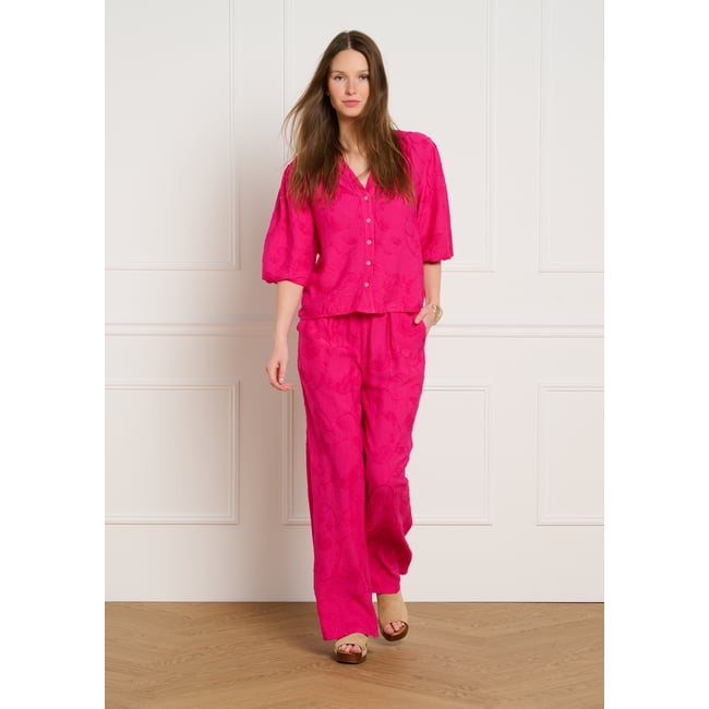 Pantalon brodé fluide fuchsia <span itemprop=