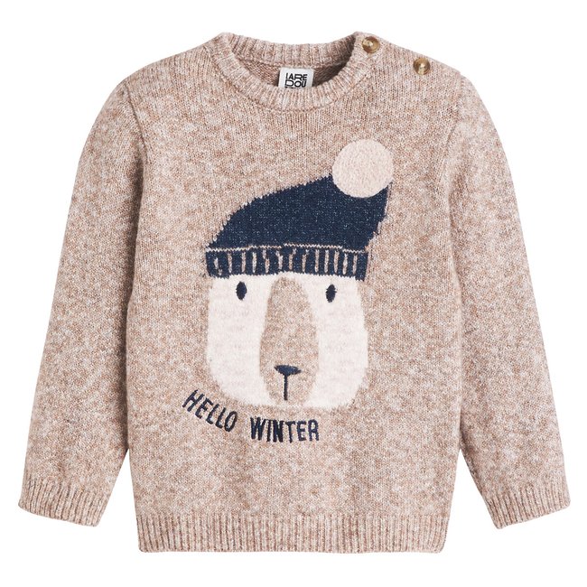 Pull col rond fine maille, tête d'ours jacquard beige chiné LA REDOUTE COLLECTIONS