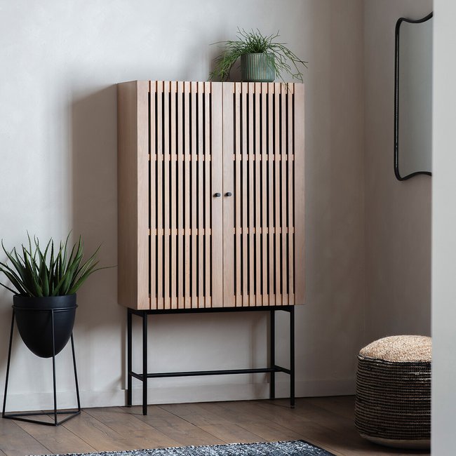 Batala Japandi Oak Slatted Tall Sideboard, oak, SO'HOME