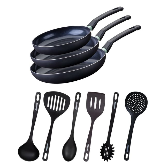 Ensemble de 3 poêles de 24, 28 et 6 ustensiles BRANDAO noir|vert <span itemprop=