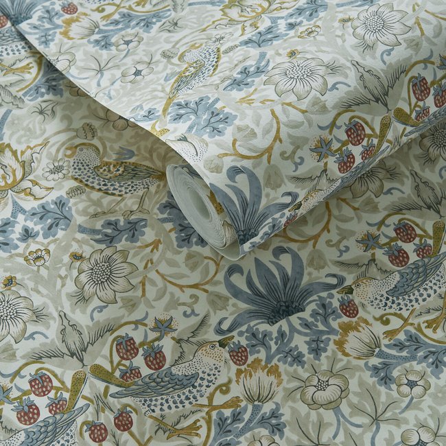 Strawberry Thief Linen/Plum Wallpaper, beige/blue, WILLIAM MORRIS BY CLARKE & CLARKE