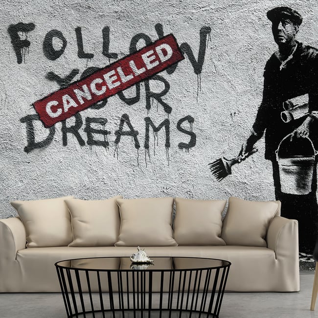 Papier peint intissé panoramique Street art Dreams Cancelled (Banksy) Couleur gris / argent <span itemprop=