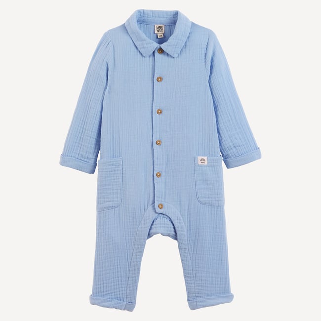 Combinaison manches longues gaze de coton bleu <span itemprop=