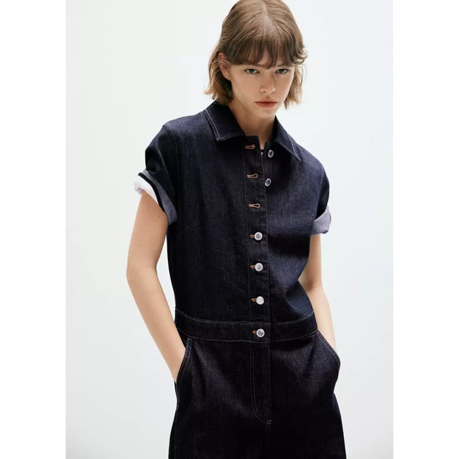 Combinaison en jean manches courtes bleu <span itemprop=