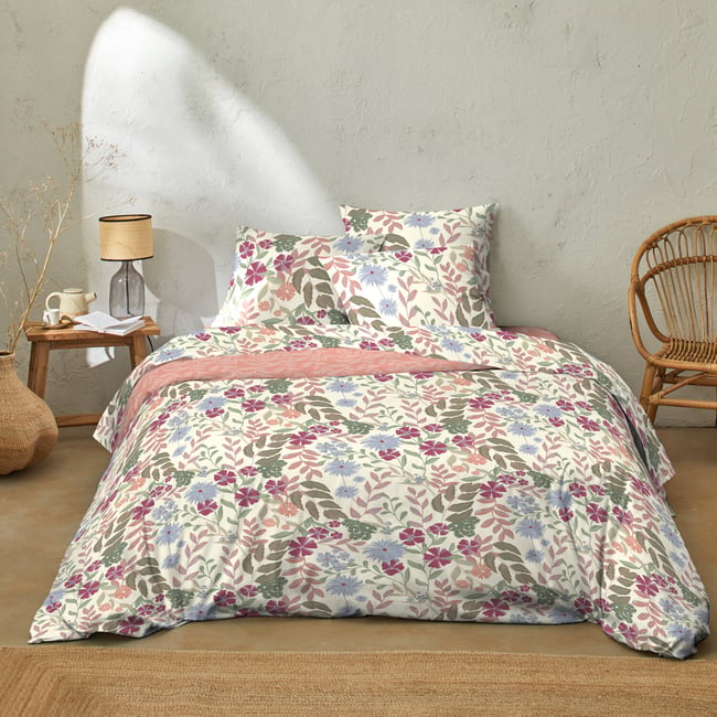 Parure de lit en coton motif floral rose, DALHIA multicolore <span itemprop=