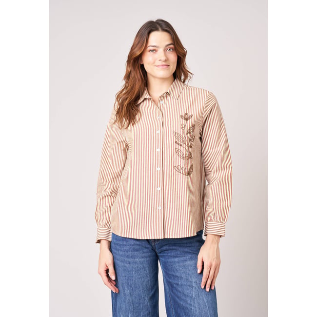 Chemise femme rayée brodée CHANTAL whisky <span itemprop=