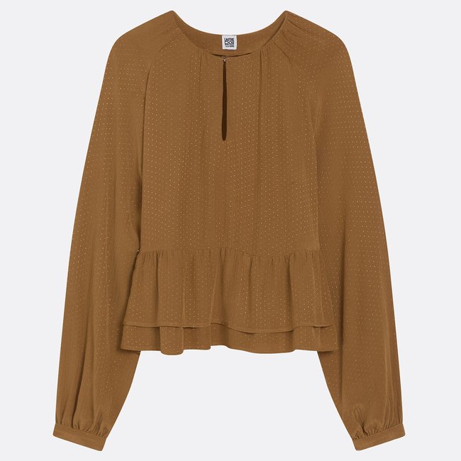 Blouse à volants col rond manches longues marron camel <span itemprop=