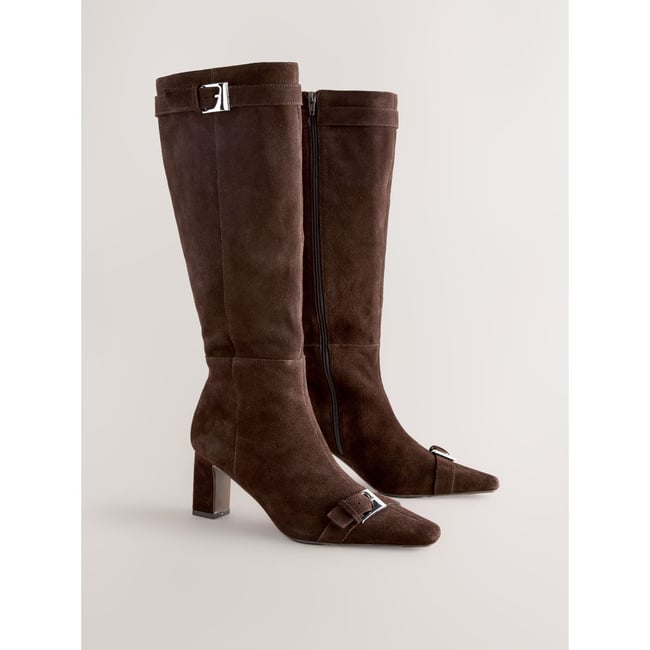 Bottes hauteur genou à boucle/bout fantaisie daim brun chocolat <span itemprop=
