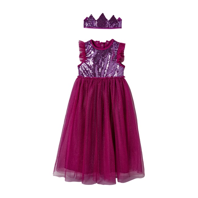 Déguisement de princesse avec voile et couronne prune <span itemprop=