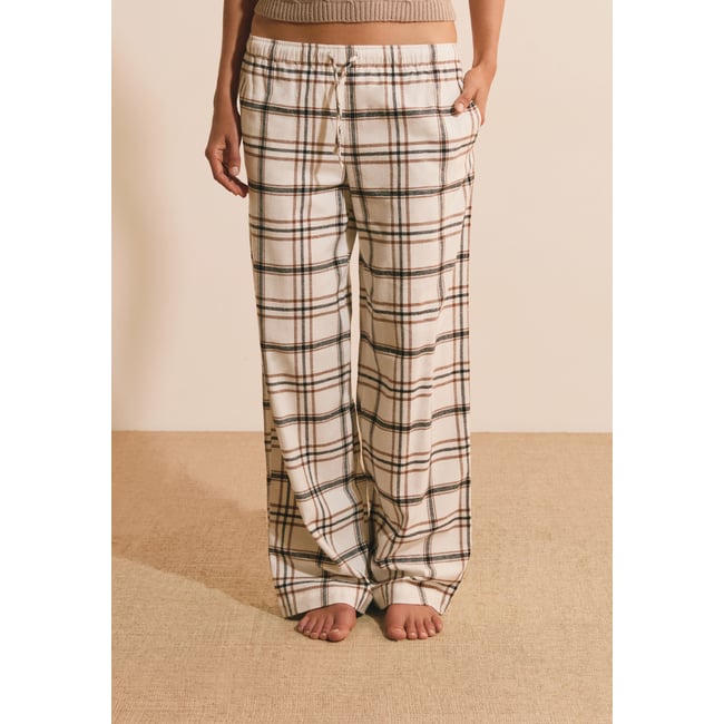 Pantalon de pyjama à carreaux en coton BELINAY ecru <span itemprop=