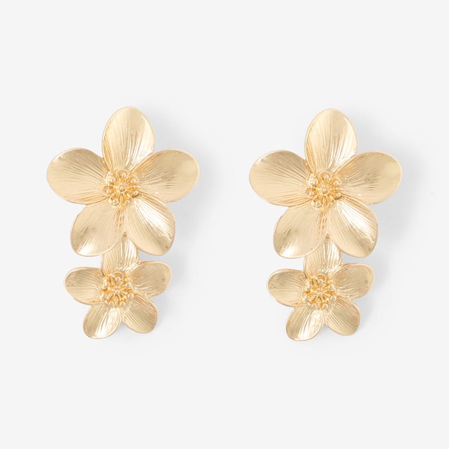 Boucles d'oreilles clips - double fleurs dorées doré <span itemprop=