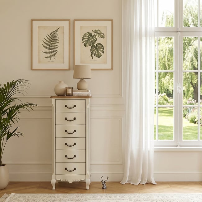 Colonne de rangement style classique, plateau en chêne, 6 tiroirs ORIANE Couleur blanc <span itemprop=