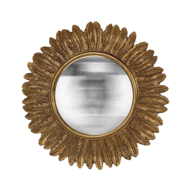 Miroir rond soleil convexe contours plumes 33 cm Couleur or <span itemprop=