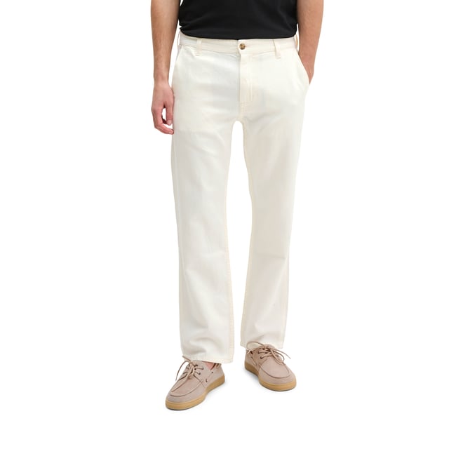 Jeans modèle Kalmo droit en coton bio et en lin blanc <span itemprop=