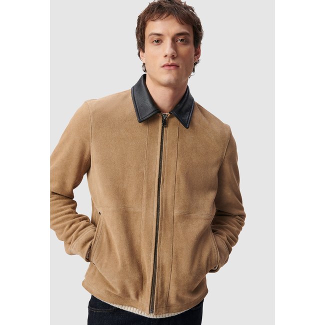 Blouson cuir velours col cuir beige fonce <span itemprop=