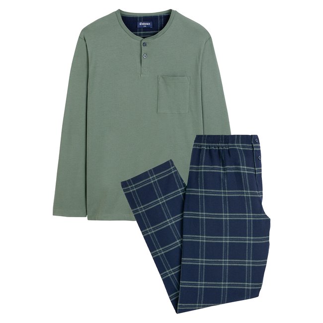Pyjama long col tunisien vert + carreaux <span itemprop=