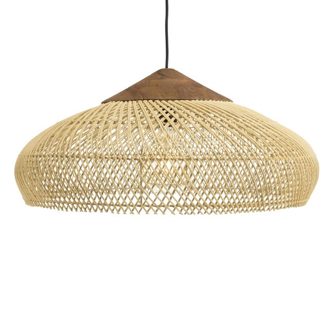 Suspension ronde 65cm en rotin et teck FOLELLI Couleur ecru <span itemprop=