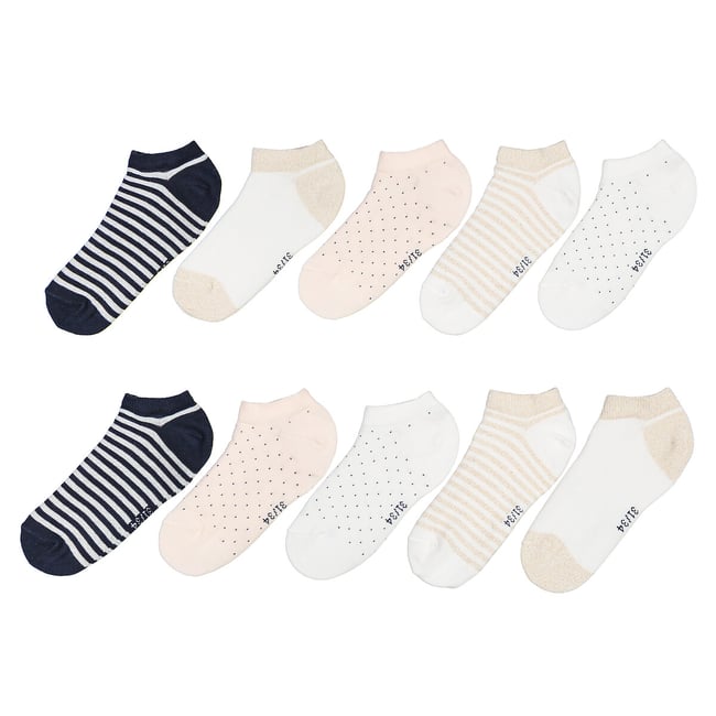 Lot de 10 socquettes imprimées  marine + rose + écru <span itemprop=