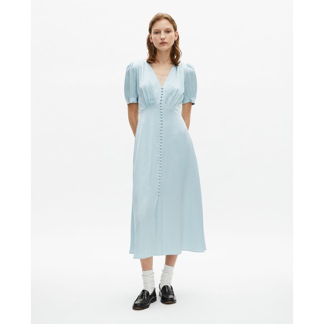 V-Neck Midi Dress, Fluid and Flared with Short Sleeves, light blue, THE KOOPLES