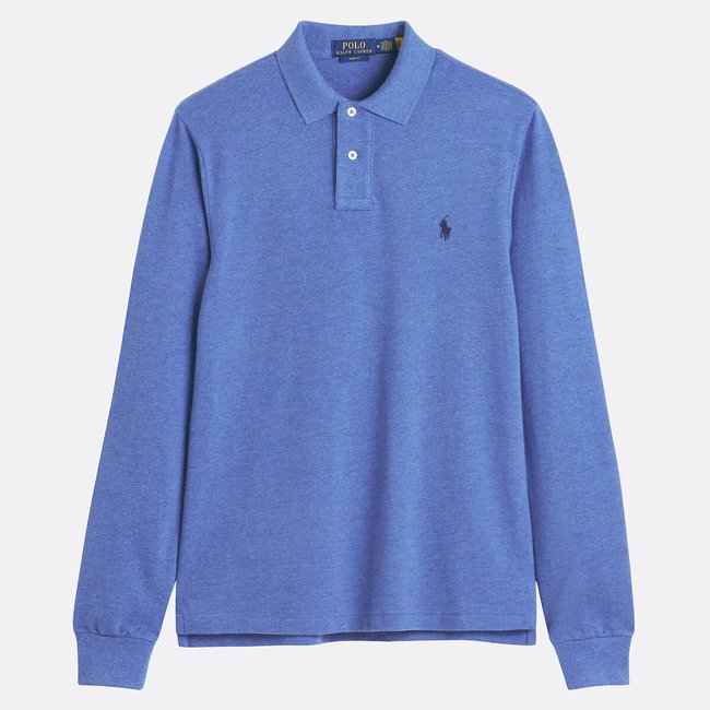 Polo slim manches longues bleu mer <span itemprop=