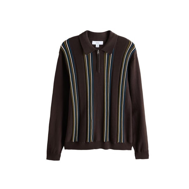 Polo en maille à rayures et col zippé marron <span itemprop=