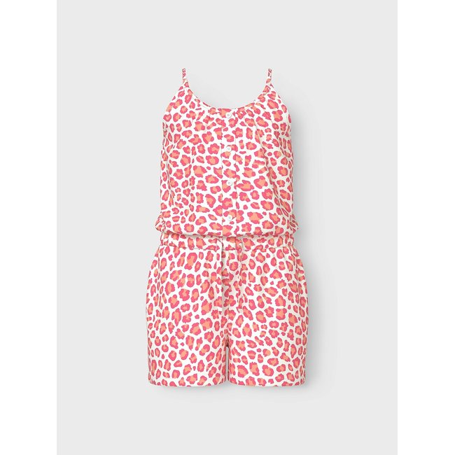 Kurzer Jumpsuit mit Leopardenprint rosa bedruckt <span itemprop=