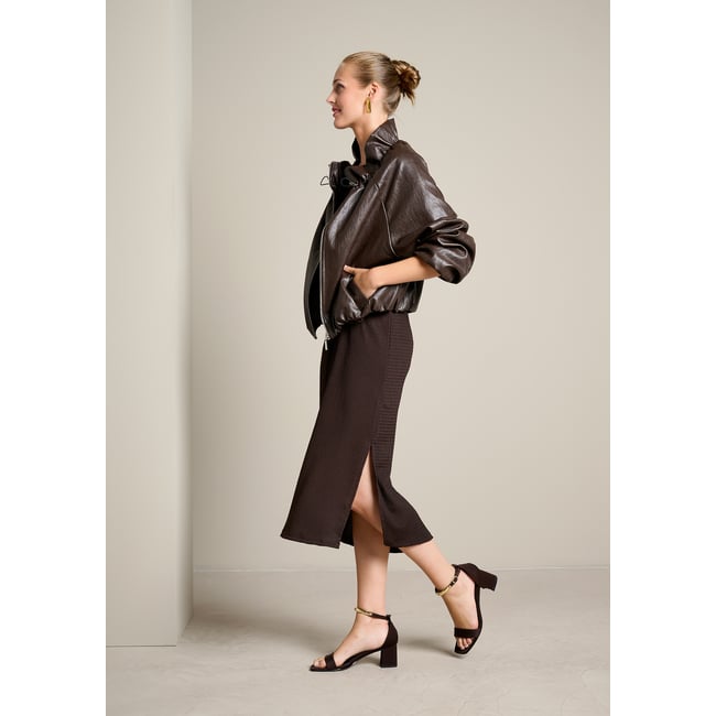 Bomber effet cuir col froncé brun fonce chocolate <span itemprop=