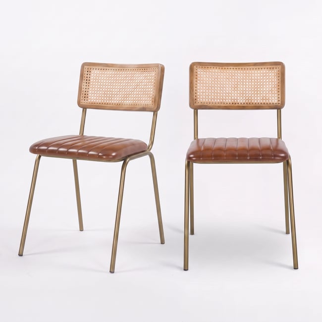 Lot de 2 chaises en cuir et cannage - ARSÈNE Couleur marron et métal doré <span itemprop=